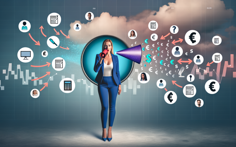 Illustration eines Geschäftsmenschen im Mittelpunkt, umgeben von Icons für Werbung, Finanzen, Team, Technologie und Content – mit Pfeilen zu ihm, symbolisch für die verschiedenen Bestandteile der Customer Acquisition Cost (CAC). Im Hintergrund digitale Marketingelemente.