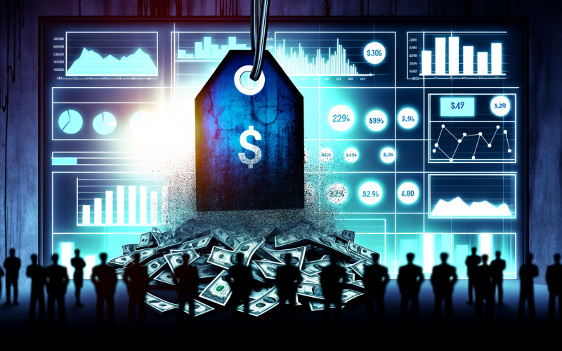 Grittige Illustration mit Preisetikett an leuchtendem Bildschirm mit Marketing-Analysen, umgeben von gestressten Marketer-Schatten und zu Pixeln zerfallenden Geldscheinen als Symbol für die ehrlichen Kosten der Kundengewinnung.