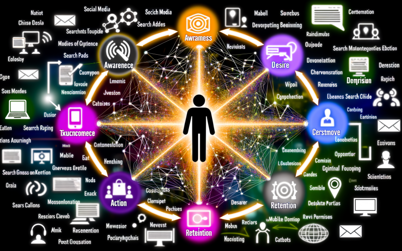 Digitale Collage einer Customer Journey mit verbundenen Touchpoints, stilisierter Figur und markierten Phasen von Awareness bis Retention.