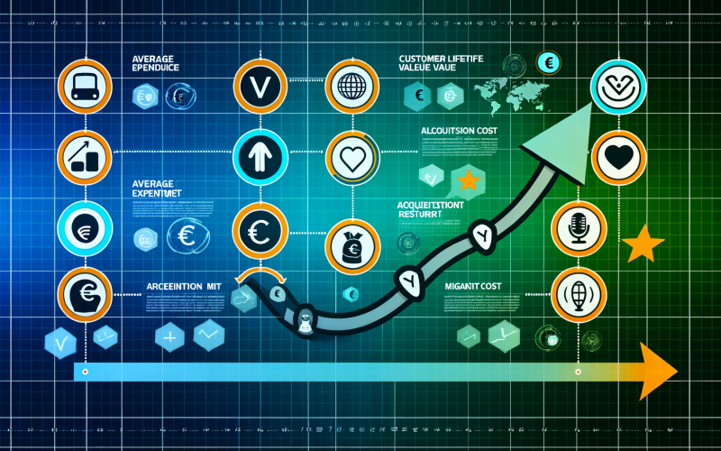 Moderne Infografik zum Customer Lifetime Value mit gekrümmtem Kundenpfad, Touchpoints, Eurozeichen und hervorgehobenen CLV-Kennzahlen und Formeln auf tech-inspiriertem Hintergrund.