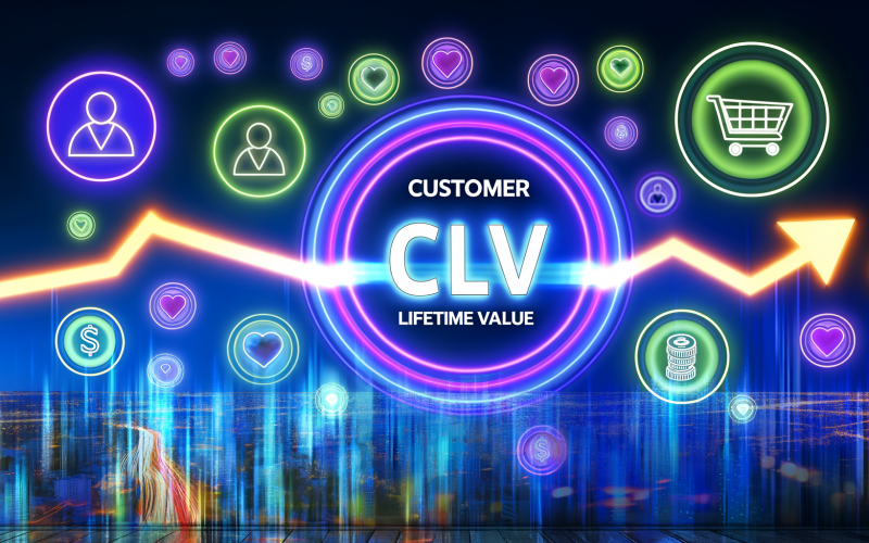 Dashboard mit leuchtender CLV-Kennzahl, bunten Diagrammen, Kunden- und Münzsymbolen sowie wachsender Kurve vor digitaler Stadt im Neonstil