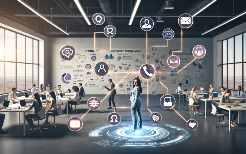 Innovative Büroszene mit Teams, die an Laptops arbeiten. Leuchtende Icons für E-Mail, Telefon, Social Media und Chat symbolisieren Kundenkontakte. Ein zentraler digitaler Schaltkreis verbindet Menschen und Prozesse. An den Wänden sieht man Diagramme zu Kundenzufriedenheit und Wachstum.