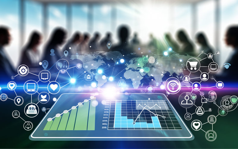 Illustration eines modernen Dashboards mit steigender Customer Retention Rate, umgeben von abstrakten digitalen Netzwerksymbolen und Silhouetten von Menschen mit Laptops und Smartphones.