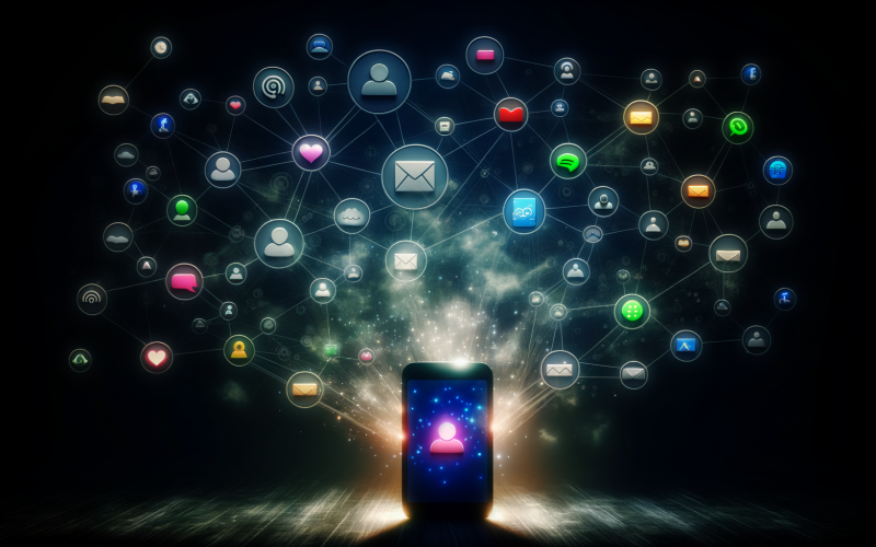 Illustration eines Smartphones mit Messenger-App-Icons und leuchtenden Datenströmen in düsterem Raum, klassische Social-Media-Symbole verblassen im Hintergrund.
