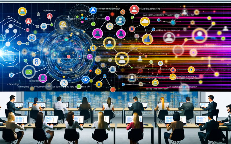Modernes Büro mit großen digitalen Screens, auf denen Datenströme, Diagramme und Informationsblasen angezeigt werden. Teams arbeiten an Laptops, bunte Linien visualisieren Data Enrichment.