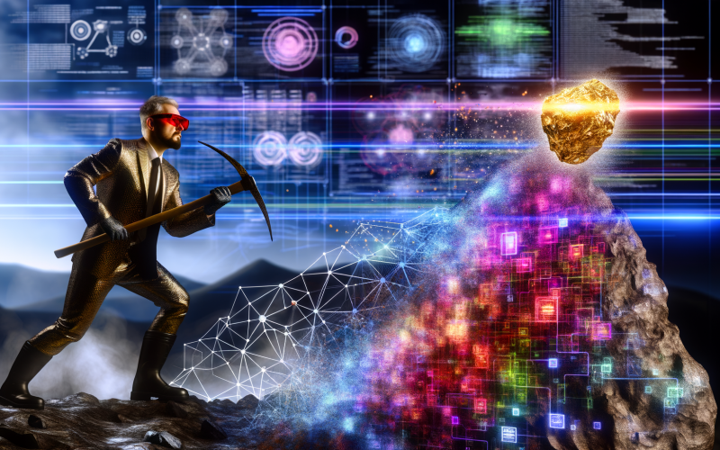 Futuristischer Schachtarbeiter mit Spitzhacke hebt goldenen Daten-Nugget aus einem Datenberg voller binärer Codes und Grafiken, umgeben von blinkenden Bildschirmen in einem cyberpunkartigen Datenlabor.