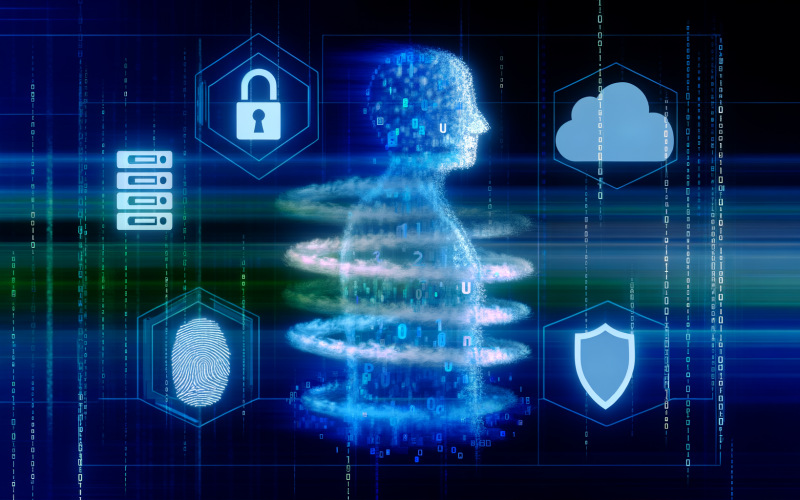 Abstrakte Illustration einer digitalen Identität mit leuchtender menschlicher Silhouette, umgeben von Datenschutzsymbolen wie Fingerabdruck, Vorhängeschloss, Schild und Weltkugel mit Länderkürzeln.