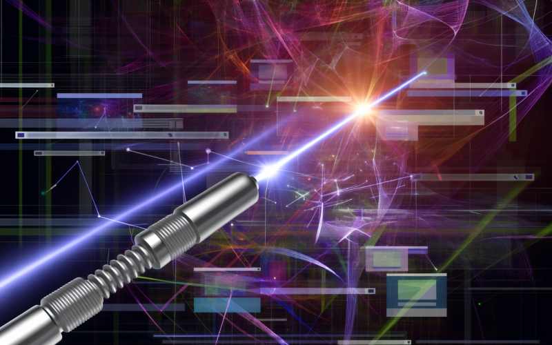 Leuchtende, digitale Netzwerke mit einem Laserpointer, der eine gezielte Verbindung zwischen Startseite und Unterseite in einem futuristischen Web-Dschungel schafft.