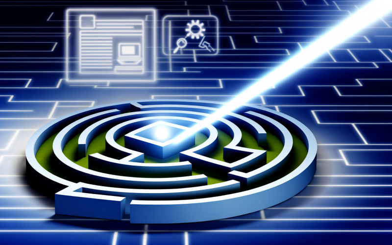 Stilisiertes digitales Labyrinth mit bunten, leuchtenden Pfaden. Ein heller Laserstrahl führt als Deeplink vom Eingang gezielt ins Zentrum. Im Hintergrund Icons für Websites, SEO, Usability und Marketing.