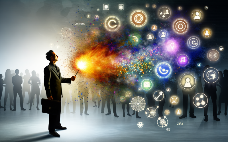 Futuristische Illustration einer Marketing-Strategin, die einen bunten Funken entzündet, umgeben von digitalen Symbolen, mit schemenhaften Kunden im Hintergrund.