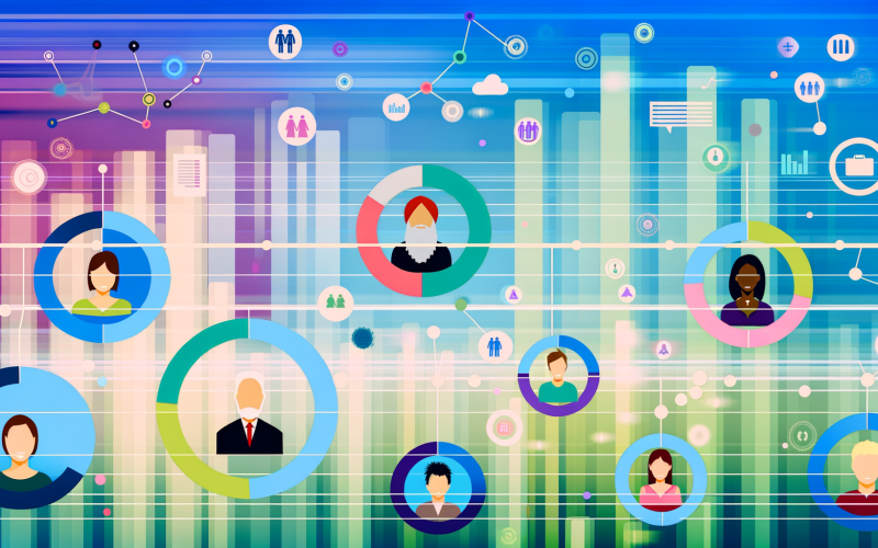 Illustration von verschiedensten Menschen, verbunden durch Infografik-Elemente und umgeben von Symbolen für Einkommen, Bildung, Beruf und Familienstand – im digitalen, farbenfrohen Stil.