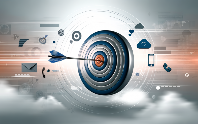 Stilisierte Zielscheibe mit digitalem Pfeil im Zentrum, umgeben von Symbolen für verschiedene digitale und analoge Direktmarketing-Kanäle vor einem modernen, datengetriebenen Hintergrund.