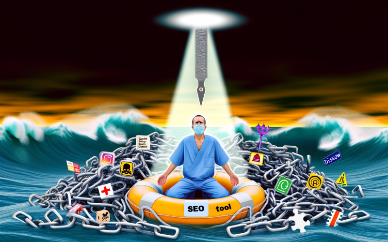 Illustration eines unruhigen Webmasters auf einem SEO-Rettungsring, umgeben von kettenförmigen, toxischen Backlinks mit Malware- und Spam-Symbolen; ein schwebendes Disavow-Tool beleuchtet den Weg, Google-Logo am Horizont.