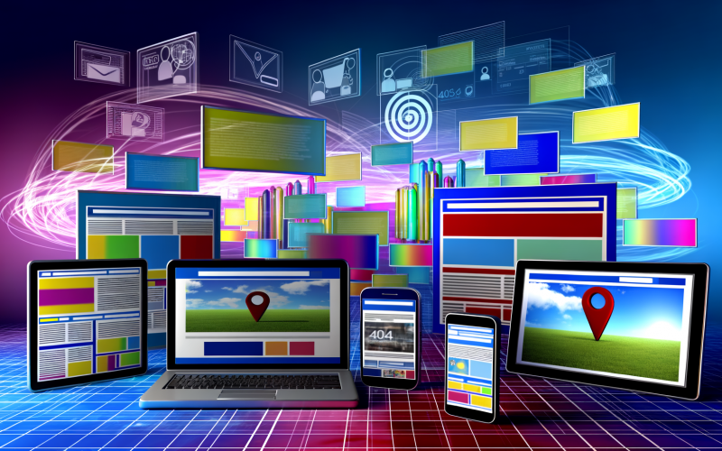 Verschiedene digitale Geräte mit auffälligen Bannern, animierten Werbeanzeigen und Rich Media-Elementen, umgeben von abstrakten Datenströmen und Targeting-Symbolen.