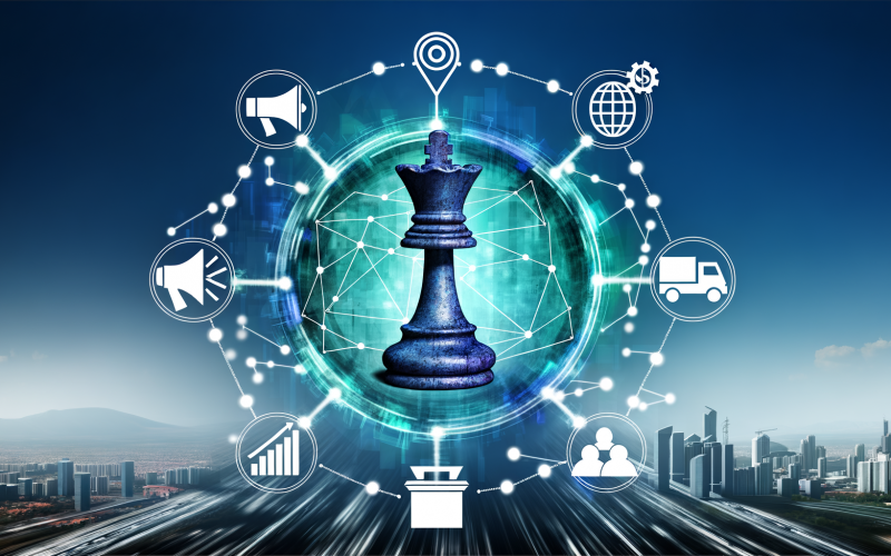 Schach-König als Illustration für strategische Führung im Marketing-Mix, umgeben von abstrakten Symbolen für Preis, Produkt, Promotion und Distribution mit moderner Stadt im Hintergrund