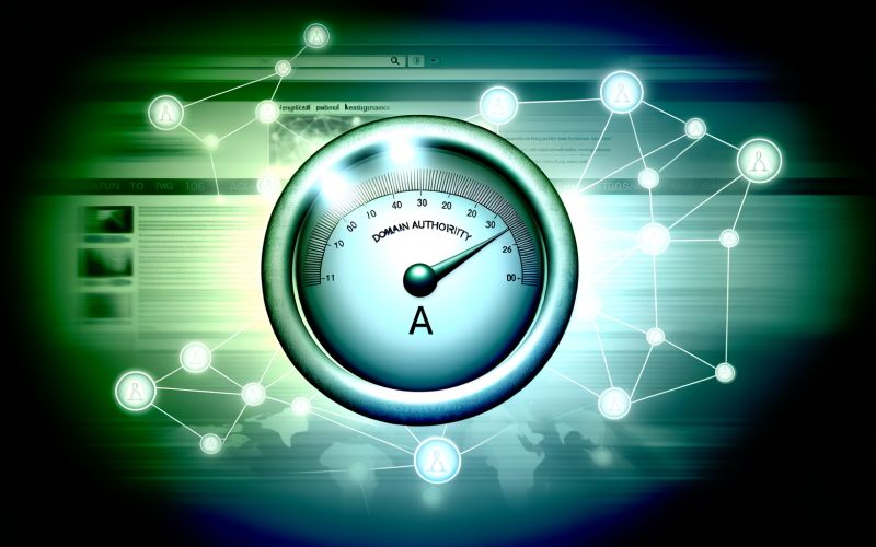 Moderne Illustration eines digitalen Domain Authority-Meters mit Zeiger auf einem hohen Wert, umgeben von Linksymbolen und Netzwerkverbindungen, unterlegt mit vertrauten Websites als Beispiel für starke Autorität.
