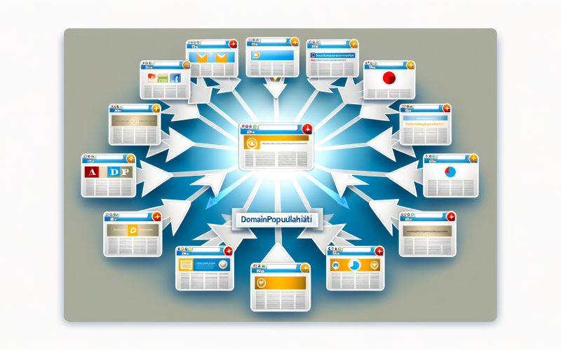 Infografik mit Browser-Fenstern verschiedener Websites, alle durch Pfeile auf eine zentrale, strahlende Website zeigend. Darstellung von Domainpopularität durch unterschiedliche Logos und professionelle Farbverläufe.