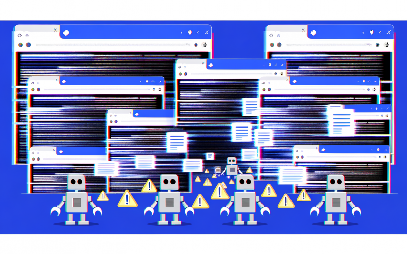 Illustration von Duplicate Content als sich wiederholende, fast identische Webseiten mit verwirrten Googlebot-Icons und abfallenden SEO-Diagrammen