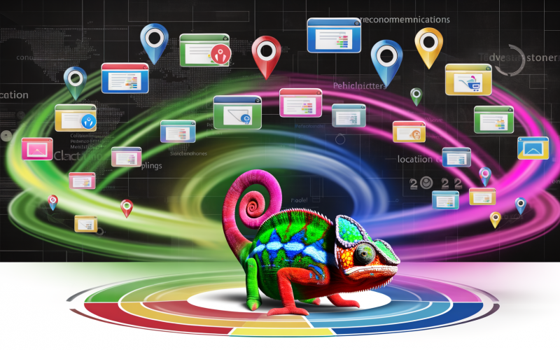 Modernes, farbenfrohes Chamäleon mit wechselnden Website-Layouts, Datenströmen und Targeting-Icons als Sinnbild für vielseitiges Online-Marketing
