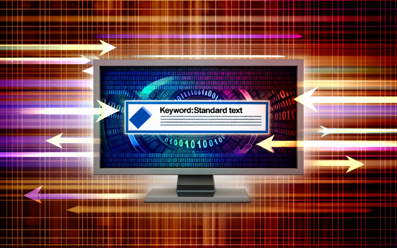 Stilisierte Illustration einer Google Ads-Oberfläche mit hervorgehobenen Platzhaltern und Binärcode als Symbol für moderne, automatisierte Werbung.