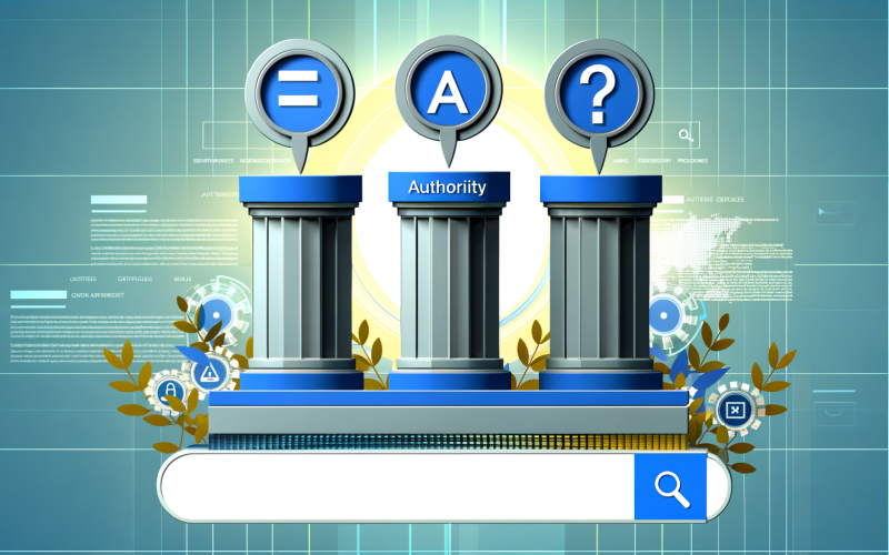 Illustration mit drei Säulen beschriftet mit Expertise, Autorität und Vertrauen, darüber ein abstraktes Google-Suchinterface, unten Vertrauenssymbole wie Autorenprofil, Zertifikate und SSL-Schloss in Blau-, Grau- und Goldtönen.