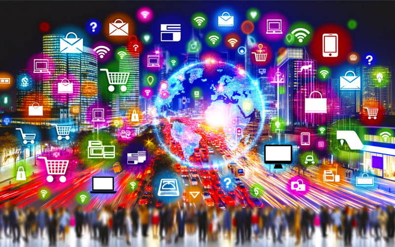 Großstadt-Panorama bei Nacht mit bunten Icons für E-Commerce, Menschen shoppen und arbeiten mit digitalen Geräten, symbolisiert globalen Onlinehandel