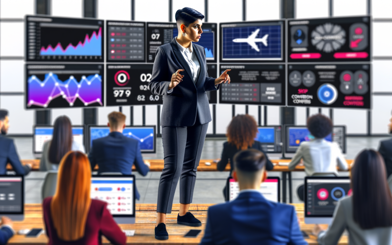 Moderator im Digital-Kontrollzentrum mit mehreren Bildschirmen voller Shop-Analysen und Teammitgliedern an Laptops