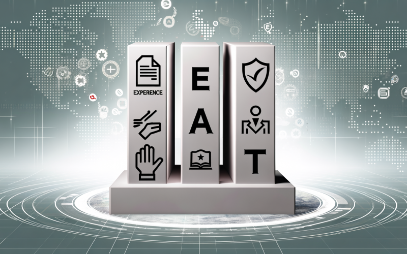 Grafisches Titelbild mit E-E-A-T im Fokus, unterstützt von vier symbolischen Säulen für Erfahrung, Expertise, Autorität und Vertrauenswürdigkeit vor digitalem Webseiten-Hintergrund.