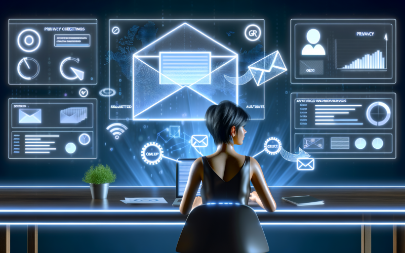 Stilisierte Illustration eines Marketingspezialisten an einem High-Tech-Schreibtisch mit digitalen E-Mails, Analyse-Dashboards, Workflow-Charts und Datenschutzsymbolen im E-Mail-Marketing-Kontext.