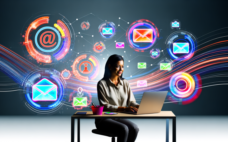 Digitalmarketer am Schreibtisch mit E-Mail-Symbolen, Analytics-Dashboards und Automatisierungsprozessen auf Laptop und Smartphone, vor abstrakten Datenfluss-Linien.