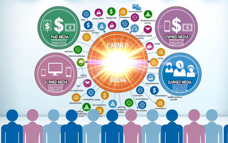 Illustration im Flat-Design zeigt Paid, Owned und Earned Media mit besonderem Fokus auf Earned Media, umgeben von Journalisten, Influencern, Bloggern und Kunden, vor hellem modernem Hintergrund.