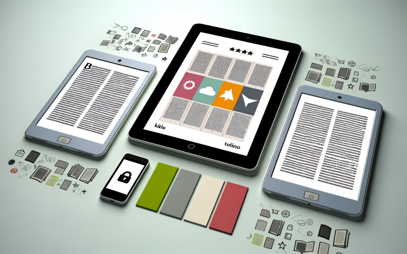 Tablet, E-Reader und Smartphone mit digitalen Buchseiten und Metadaten-Icons auf einem Tisch, dahinter verblassende klassische Bücher