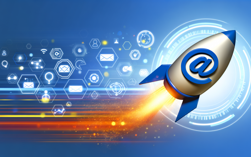 Modernes Titelbild zum Thema E-Mail-Marketing mit einer als Rakete dargestellten E-Mail-Ikone, die aus einem digitalen Posteingang startet, umgeben von Technik-Symbolen und leuchtenden Datenströmen.