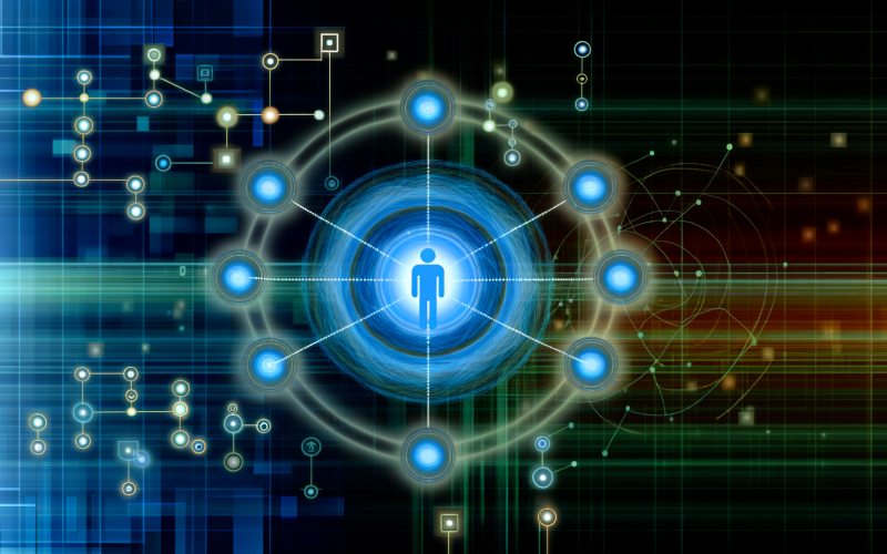 Stilisiertes, futuristisches Netzwerk mit leuchtendem Hauptknoten, verbunden mit diversen Symbolen und abstrakten Datenvisualisierungen im Hintergrund.