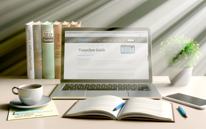 Moderner Schreibtisch mit Laptop, Notizen, Kaffee und Fachbüchern wie SEO und Content-Marketing vor sonnenbeleuchtetem Fenster mit Pflanze.