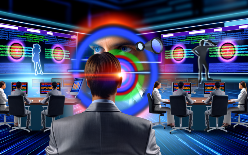 Online-Marketing-Team in modernem Büro beobachtet Keyword-Grafiken, exakte Suchanfragen und Ranking-Charts auf Monitoren, mit fokussiertem Mitarbeiter und visueller Zielscheibe im Vordergrund.