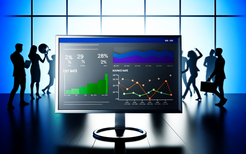 Modernes, minimalistisches Web-Analytics Dashboard mit hervorgehobener Exit Rate und Bounce Rate, bunte Diagramme und Silhouetten von Büroangestellten im Hintergrund.