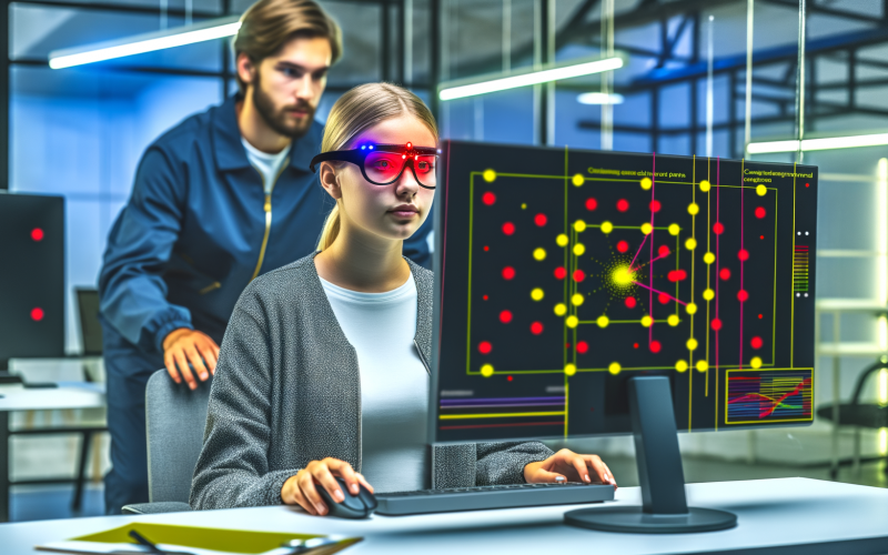 Zwei junge Erwachsene im modernen UX-Labor mit Eye-Tracking-Brille, farbigen Heatmaps auf Monitoren und Techniker bei Kalibrierung der Software.
