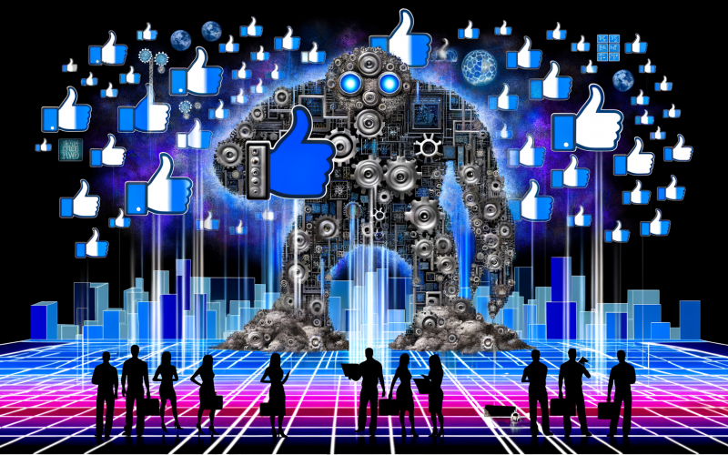 Futuristische Visualisierung einer Facebook Ads-Maschine mit Like-Daumen, Zahnrädern und Algorithmus-Mustern über einer neonbeleuchteten Stadt voller Social-Media-Symbole. Verschiedene Marketer steuern Werbekampagnen, während einige ihr Budget verlieren.