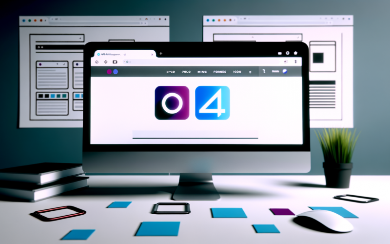 Desktop mit geöffnetem Browser-Fenster und verschiedenen Tabs, jeweils mit individuellen Favicon-Icons, daneben ein Arbeitsplatz mit Skizzen und Referenzblättern für Favicons.
