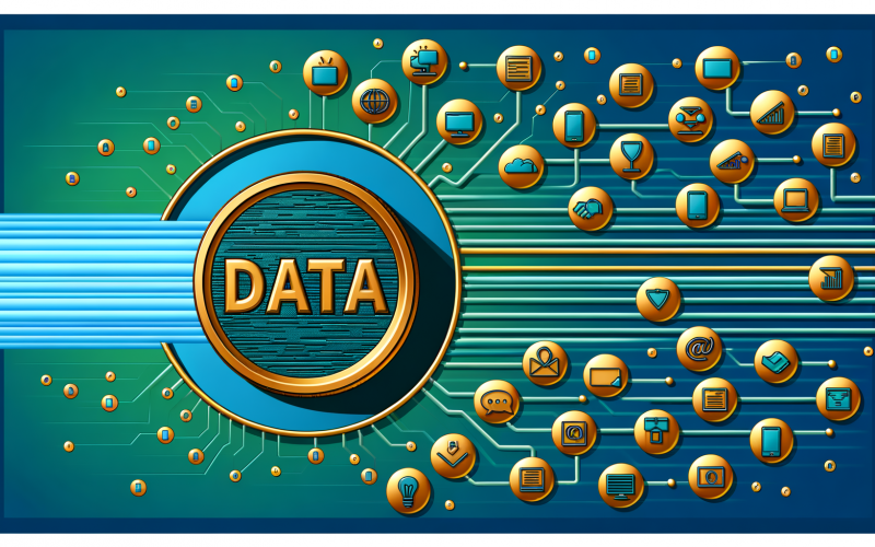 Illustration im Flat-Design mit einer goldenen DATA-Münze als Zentrum, umgeben von digitalen Icons und eingebetteten Datenschutzsymbolen in Blau-, Türkis- und Goldtönen.