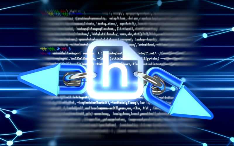 Fotorealistische Digital Art eines großen HTML-Link-Tags mit blauen, leuchtenden Pfeilen, die Linkjuice zwischen Webseiten symbolisieren, vor angedeutetem Google-Logo und vernetzten digitalen Strukturen.