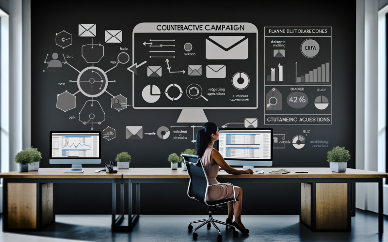 Marketer an modernem Arbeitsplatz analysiert E-Mail-Kampagnen und Performance-Dashboard, mit Online-Marketing-Symbolen im Hintergrund.