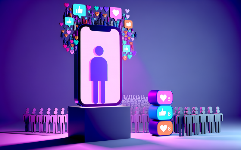 Abstrakte Darstellung eines großen Smartphones als Trophäe mit Follower-Icons, Avataren und Schatten von Bots und Ghost-Followern im Hintergrund.