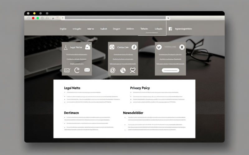 Moderner, aufgeräumter Website-Footer mit mehreren klaren Spalten, Kontaktinformationen, Social Media Icons, Partner- und Zertifizierungslogos sowie Newsletter-Feld auf dunkelgrauem Hintergrund.