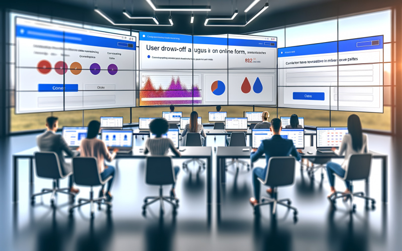 Marketing-Team analysiert Online-Formular-Daten an großen Bildschirmen mit Statistiken, Heatmaps und Google Analytics Dashboards in einem modernen, digitalen Büro.