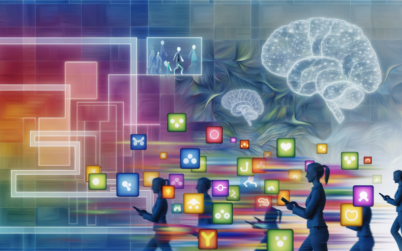 Abstrakte Illustration eines modernen digitalen Interfaces mit überlagernden Gamification-Elementen, motivierten Nutzern und neuronalen Mustern im Hintergrund.