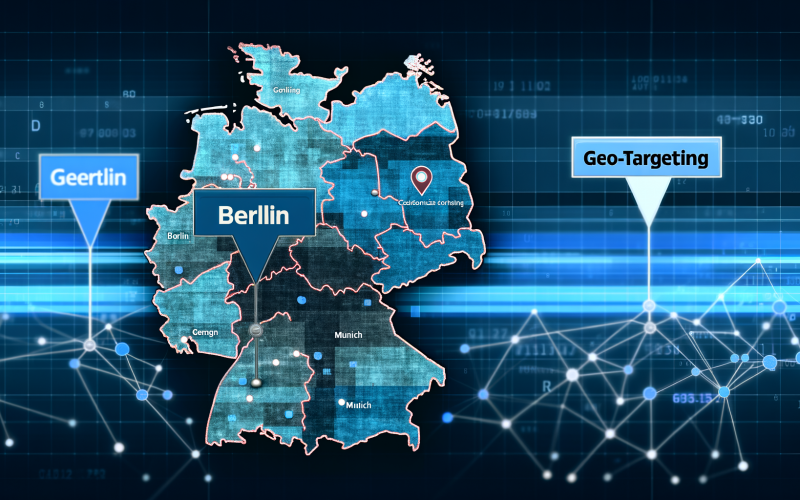 Digitale Deutschlandkarte in Blautönen mit markierten Standorten Berlin und München, darauf angezeigten personalisierten Werbebannern und Netzwerklinien für Datenverbindungen.
