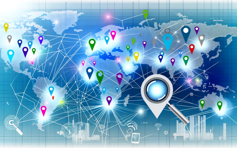 Abstrakte Titelgrafik: Digitale Weltkarte im Rasterstil mit bunten Stadt-Pins, leuchtenden Verbindungen und schwebenden Icons für GPS, WLAN, IP-Adressen und Smartphones. Zu sehen sind ein Vergrößerungsglas auf eine Stadt und ein Werbebanner, in Blau und Neon-Farben gehalten.