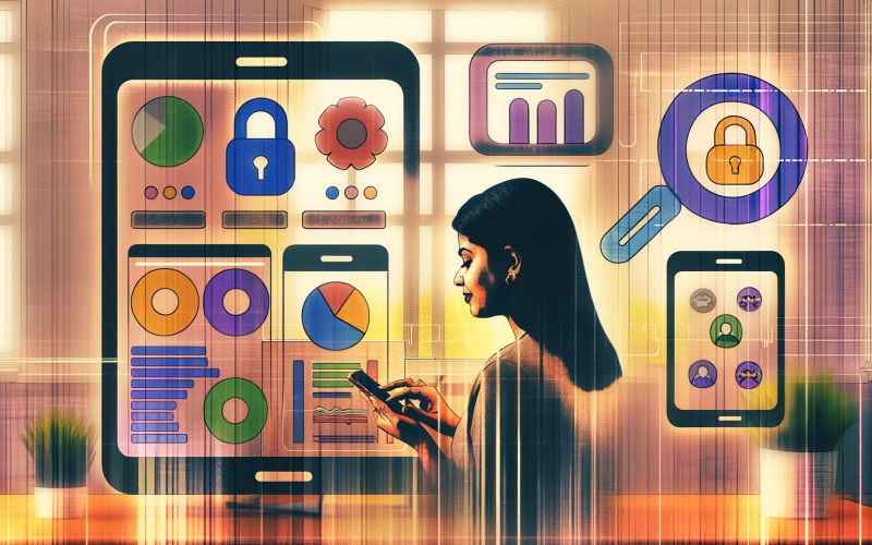 Online-Marketer arbeitet an mehreren Bildschirmen mit Google Analytics 4, App-Analysen auf Smartphone und Tablet; dezente Icons zu Datenschutz und DSGVO im Hintergrund.